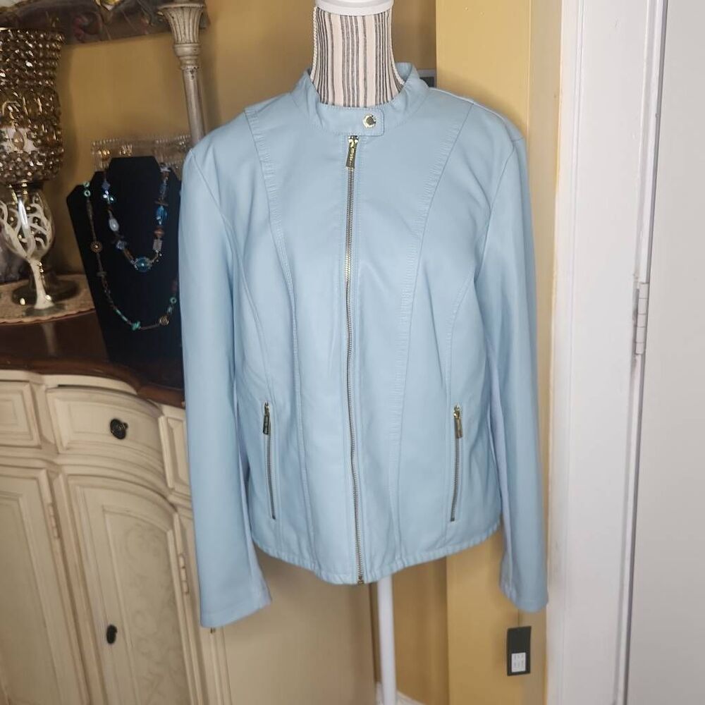 Kenneth Cole Reaction powder blue faux leather jacket women's XL